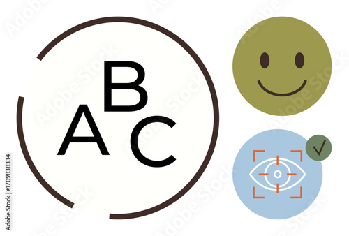 Alphabet letters in a partial circle, a green smiling face, and a blue eye icon with a focus marker. Ideal for learning, communication, vision, recognition, clarity, positivity and analytics themes