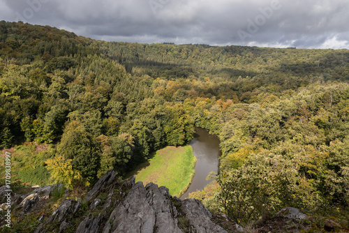 Beautiful early autumn view from the famous viewpoint over the Semois Valley, Rocher du Hat. Situated near Chiny in the Ardennes department of Southern Belgium.
