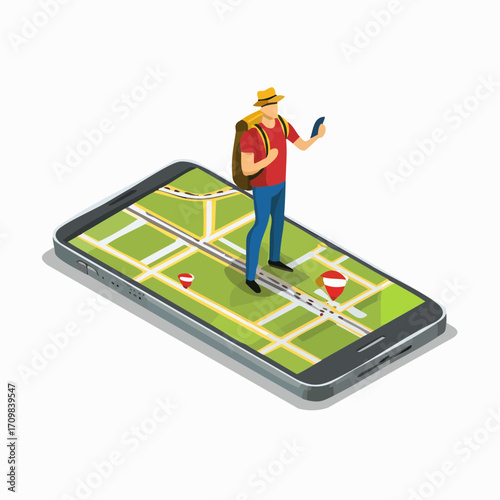Traveler, tourist searching route, road, location, way on smartphone map. Travel and transportation concept. Isometric vector illustration.
