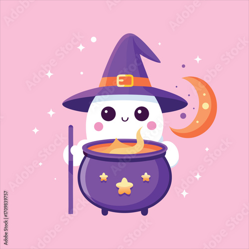 Cute Halloween Ghost Wizard with Cauldron