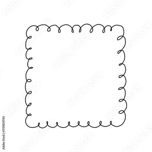 Square frame made of whimsical loopy ribbon line in coquette style. Cute hand-drawn border perfect for feminine designs, scrapbooking, stationery, packaging, or girly social media posts. Vector art