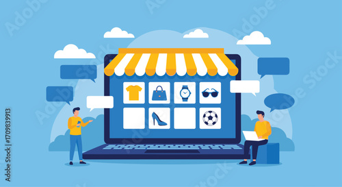 Modern laptop displays online store with diverse products and happy customers browsing web