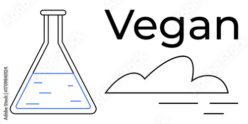 Laboratory flask with liquid beside a bold Vegan text and a minimal cloud design. Ideal for sustainability, veganism, clean production, eco-consciousness, innovation, natural approach, scientific