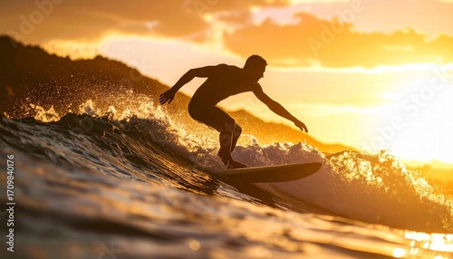 Silhouette of a surfer riding a wave at golden hour