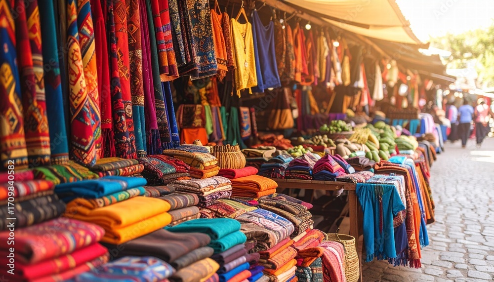 Fototapeta premium Traditional African marketplace with vibrant textiles and handmade goods
