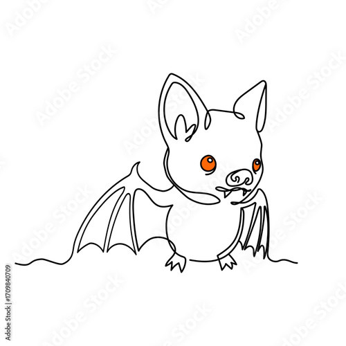 Outline of the profile of a chibi bat in one line. Cute Halloween illustration. Funny monster


