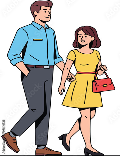 Cartoon couple walking, casual outfit, friendly interaction, urban lifestyle, holding hands, vector illustration, social outing, cheerful mood, flat design, character art