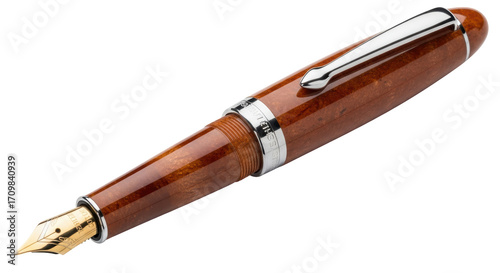 Photography Isolated brown fountain pen with gold nib for writing, studying, or office suppl
