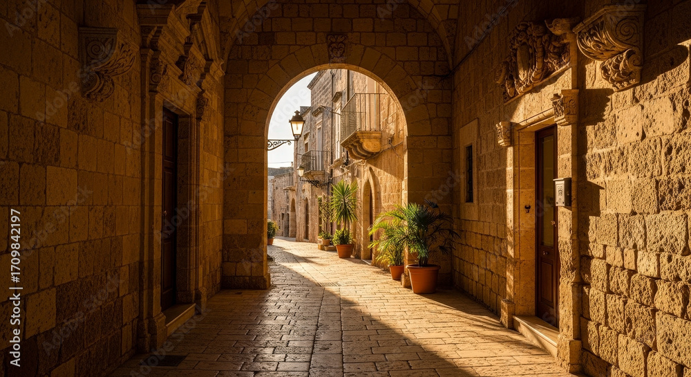 Fototapeta premium Stone Archway Tunnel Leading to Sunny Mediterranean Street with Potted Plants Architecture Details Warm Colors and Natural Light