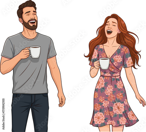 Cartoon people, coffee mugs, casual interaction, floral dress, cheerful moment, character design, friendly chat, lifestyle illustration, smiling faces, social scene