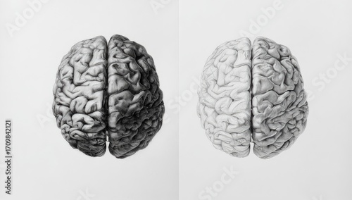 Two grayscale human brains, side-by-side, one darker, one lighter,  on a plain background