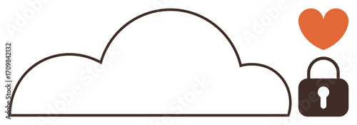 Cloud outline with heart and padlock emphasizing secure and affectionate data storage. Ideal for technology, security, cloud service, data protection, online privacy, care, and trust concepts. Simple