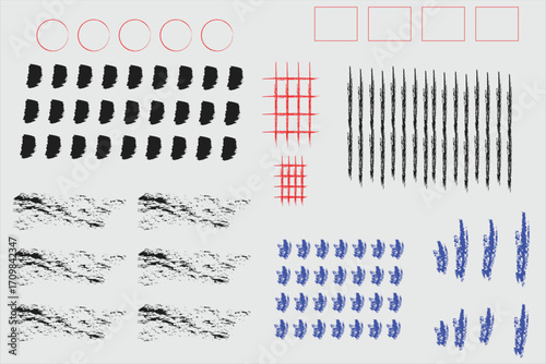 Crayon pencil vector set. Color lines and shapes with brush texture Sketch kid scribble, abstract children bg. Crayon shape, arrow circle heart