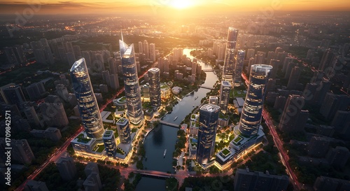 Sunset cityscape with a winding river and modern skyscrapers