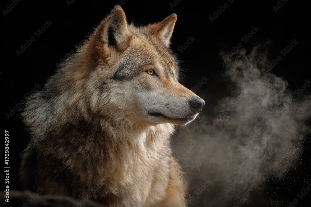 Obraz premium Wolf emerging from smoke against a dark background, capturing the essence of wilderness and mystery in a striking visual moment