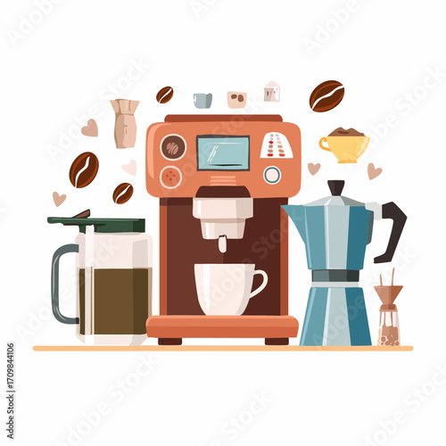 Coffee brewing equipment concept illustration. Collections of coffee grinder, portafilter, milk pitcher, espresso machine and other barista supplies.