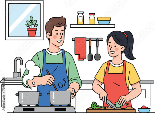 Cooking together, kitchen teamwork, domestic life, meal preparation, culinary activity, vector illustration, food scene, home interior, character design, healthy lifestyle