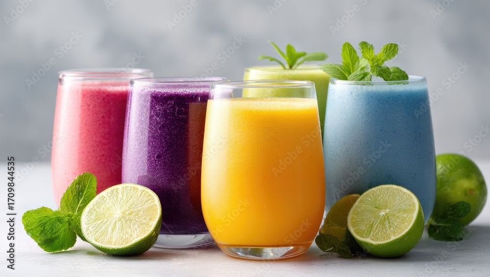 Fototapeta premium Four colorful smoothies in glasses, garnished with mint and lime