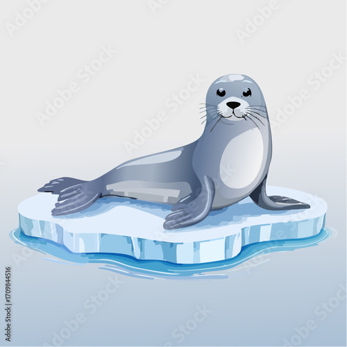 3D Robbe, liegend auf Eisfläche, realistische Texturen, fotorealistisch, kalte Umgebung, weiches Licht