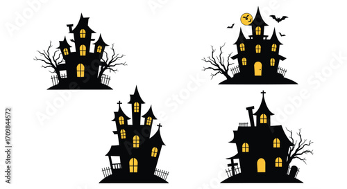 Spooky halloween silhouettes of haunted castles and eerie dark structures