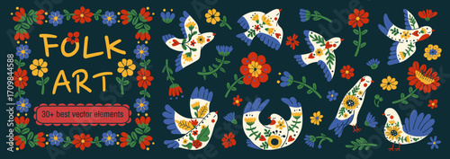 Scandinavian folk bird with floral flower dove. Retro abstract ethnic animal pattern.