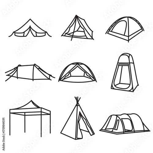 set of editable, line art icons, based around the them of camping tents