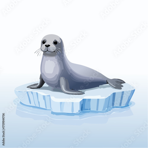 3D Robbe, liegend auf Eisfläche, realistische Texturen, fotorealistisch, kalte Umgebung, weiches Licht