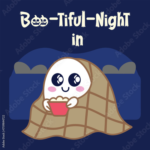 Smiling cute ghost watches a movie while eating popcorn under blanket