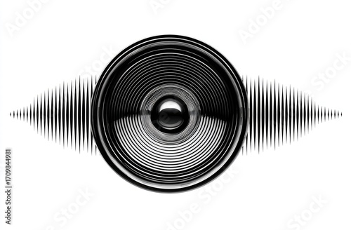 Sound speaker, audio waves.  Black speaker cone,  ringed, centered.  Sound waves,  black lines,  symmetrical.  Isolated on white background