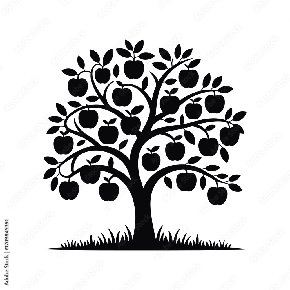 Obraz premium Silhouette of a lush apple tree laden with ripe fruit standing in grassy ground