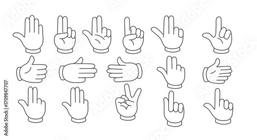 Set of hands showing different gestures in outline style.