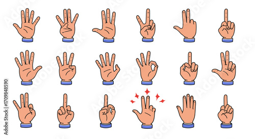 Collection of hand gestures showing different numbers and signs.