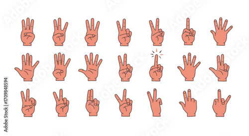 Collection of hand gestures showing different numbers and signs.