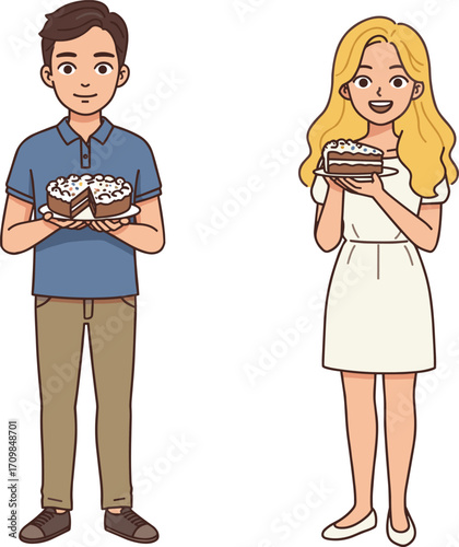 Couple sharing cake, dessert celebration moment, sweet treat scene, cheerful characters, layered cake presentation, vector illustration, lifestyle food concept