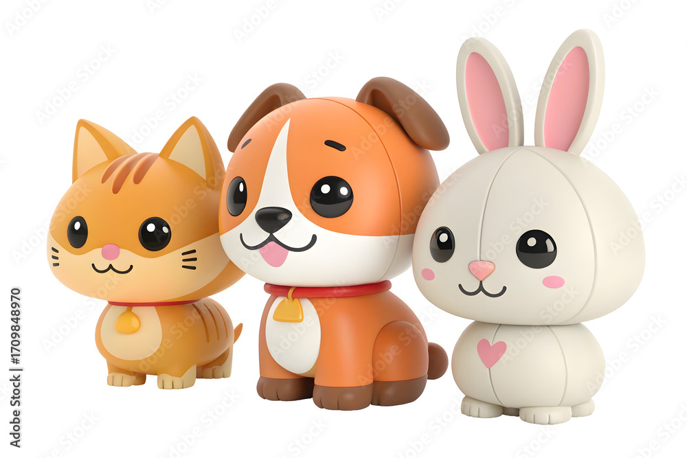 Naklejka premium Adorable 3D cartoon cat dog and bunny animal characters together isolated on transparent background