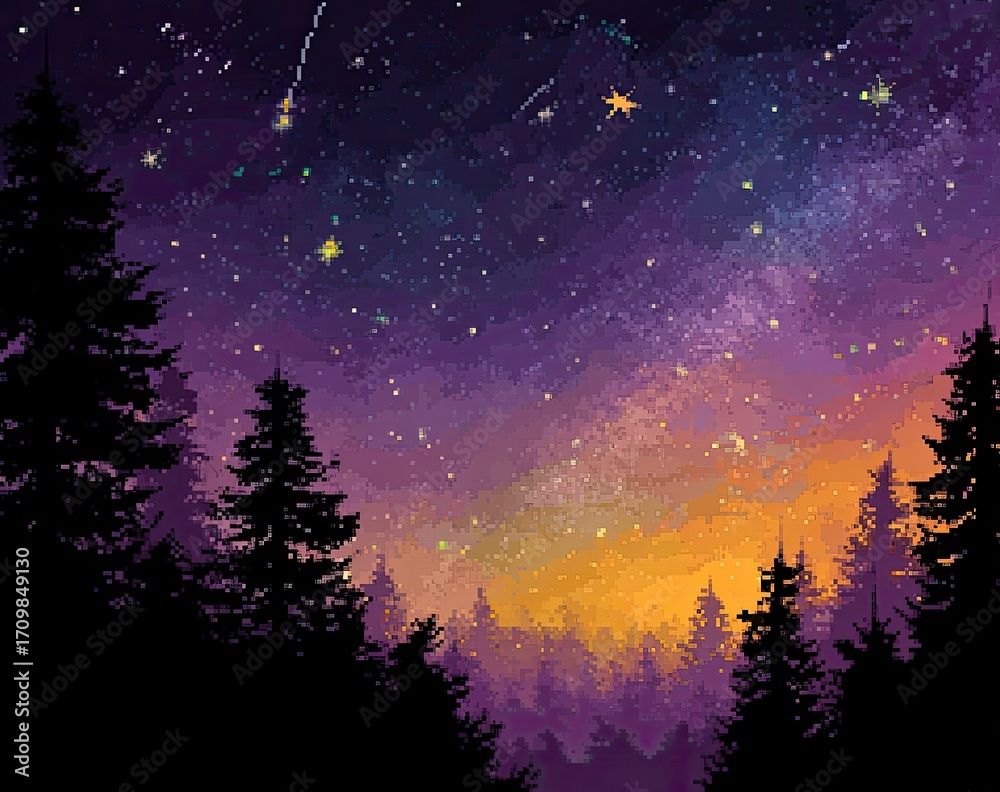 Naklejka premium Pixel art of a night sky over a dark forest