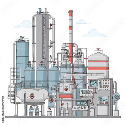 A vibrant 2D flat vector illustration depicts a complex petrochemical processing plant with interconnected pipes, large storage tanks, and a control room operator monitoring systems.