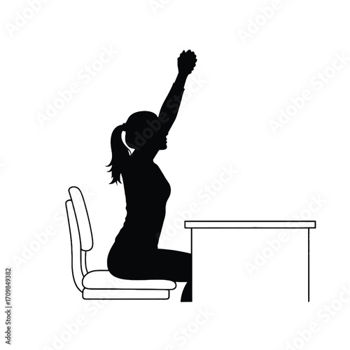 Silhouette of a woman doing yoga stretches at an office desk chair and table silhouette