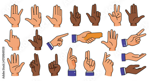 Collection of diverse hand gestures and positions, including pointing, open palms, and peace signs.
