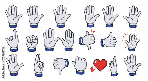 Collection of cartoon hands in various gestures, including thumbs up and down, fist, and open palm.