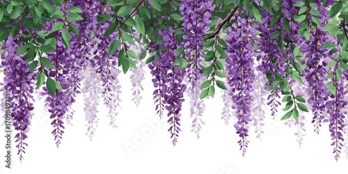 Purple wisteria blossoms cascade over a white background