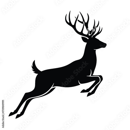 Majestic silhouette of a leaping stag antlered deer in dynamic pose vector art silhouette