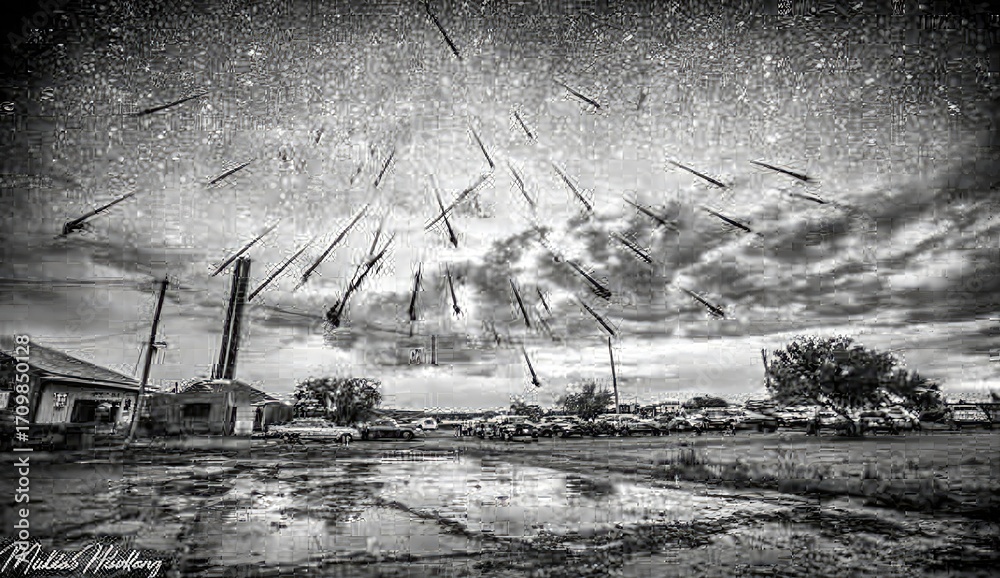 Fototapeta premium Night sky, arrows, and a deserted town