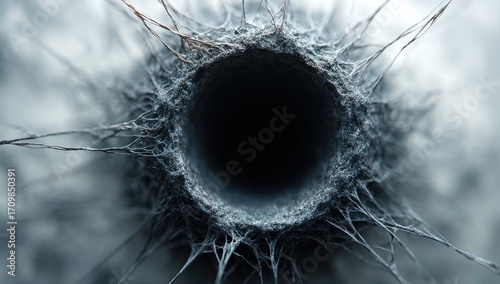Abstract, dark hole, surrounded by intricate, spidery filaments