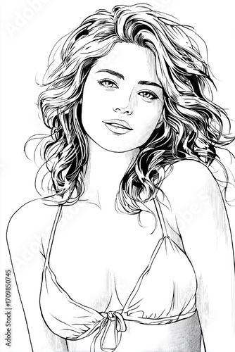 Wallpaper Mural A woman with long hair is wearing a bikini top. She has a smile on her face Torontodigital.ca