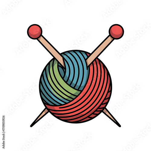 Colorful Yarn Ball with Knitting Needles: Modern Flat-Lay Design, Craft Hobby Concept