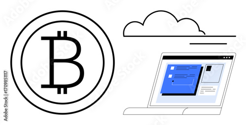 Bitcoin symbol beside a laptop screen with a cloud overhead, representing cryptocurrency, blockchain, and digital innovation. Ideal for finance, investment, technology, cloud computing, decentralized