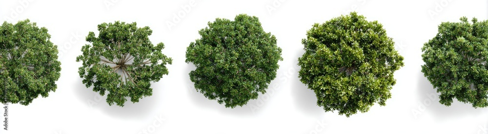 Obraz premium Overhead view of five trees. Five lush green trees, each with a full canopy, are depicted against a plain white background. The trees are arranged in a horizontal row. 