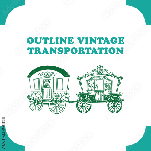 Vintage horse drawn carriages in a decorative outline style.