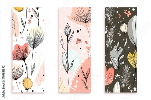 Three flowery cards with different colors and designs. The first card has a pink flower with a yellow stem, the second card has a pink flower with a green stem